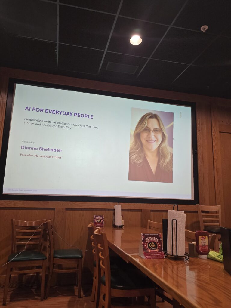 Presentation screen introducing AI for Everyday People featuring Dianne.