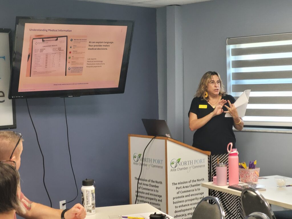 Dianne explaining an AI example during an in-person class.